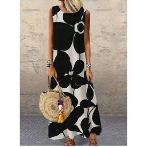 Black/White Floral Printed Loose Fit Dress